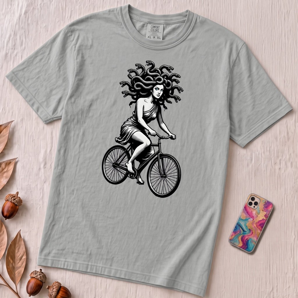 Medusa Gorgon on a Bicycle T-Shirt, Greek Mythology Tee - Granite unfolded t-shirt mockup