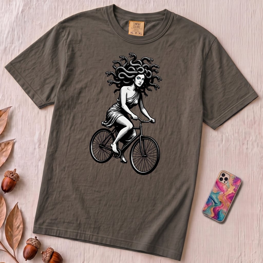 Medusa Gorgon on a Bicycle T-Shirt, Greek Mythology Tee - Graphite unfolded t-shirt mockup