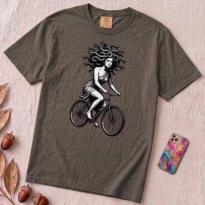 Medusa Gorgon on a Bicycle T-Shirt, Greek Mythology Tee - Graphite unfolded t-shirt mockup