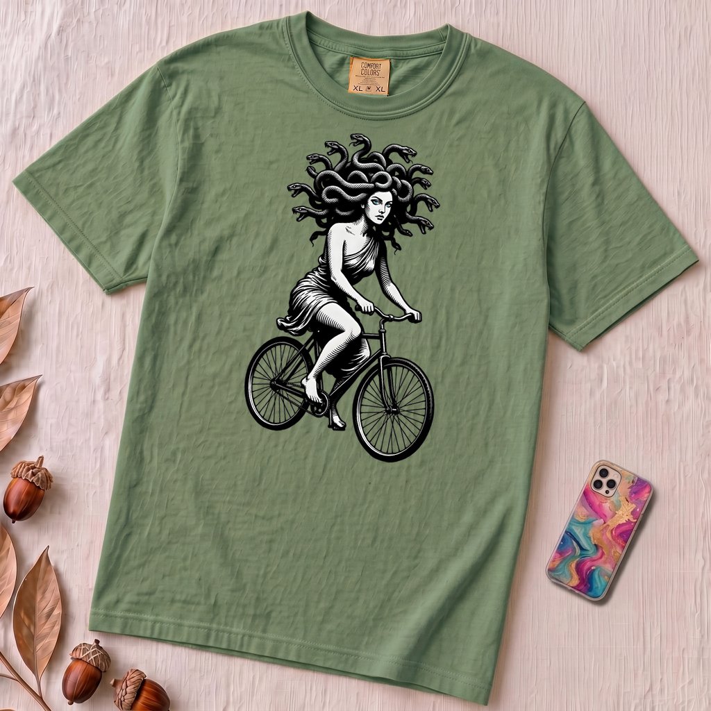 Medusa Gorgon on a Bicycle T-Shirt, Greek Mythology Tee - Light Green unfolded t-shirt mockup