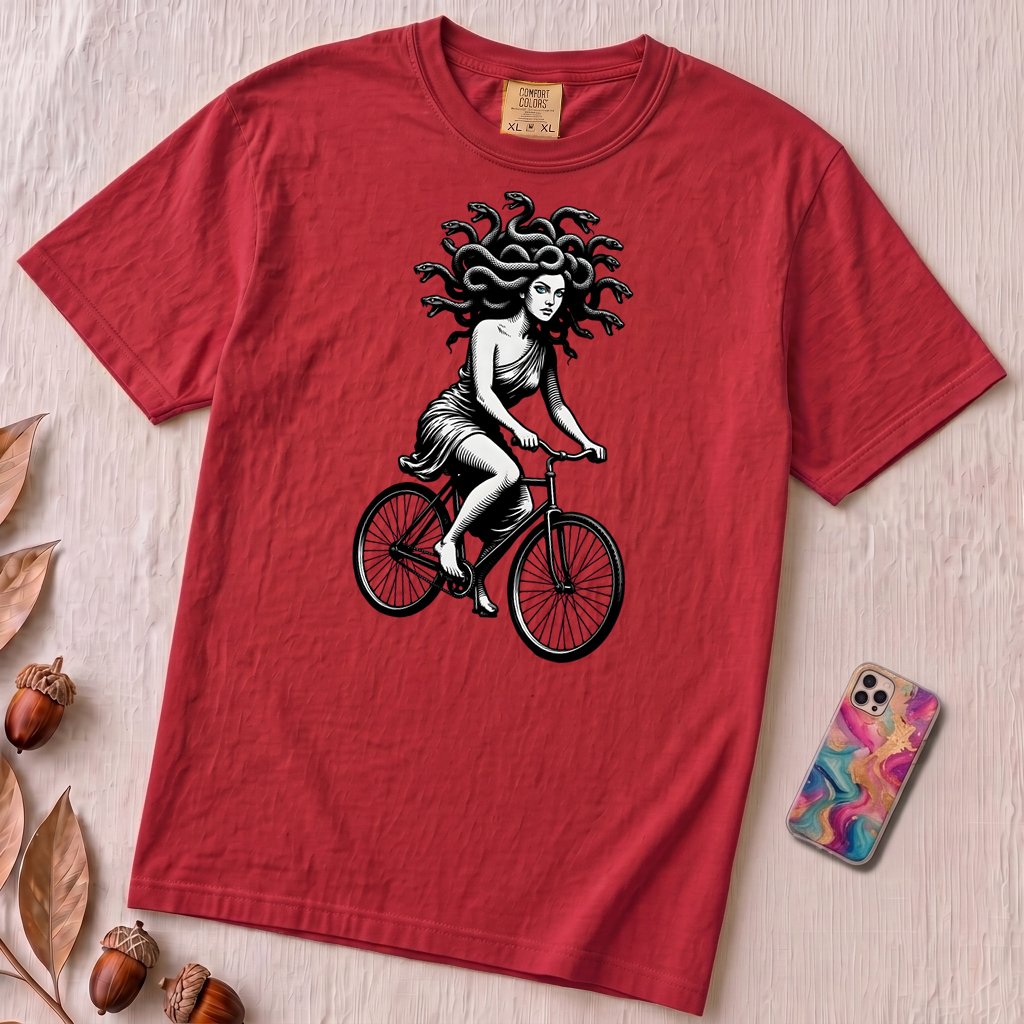 Medusa Gorgon on a Bicycle T-Shirt, Greek Mythology Tee - Red unfolded t-shirt mockup