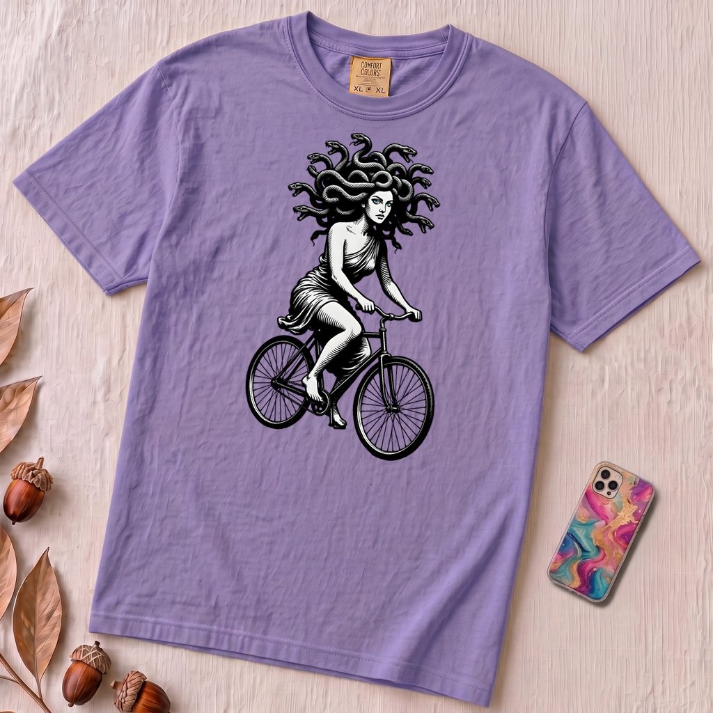Medusa Gorgon on a Bicycle T-Shirt, Greek Mythology Tee - Violet unfolded t-shirt mockup