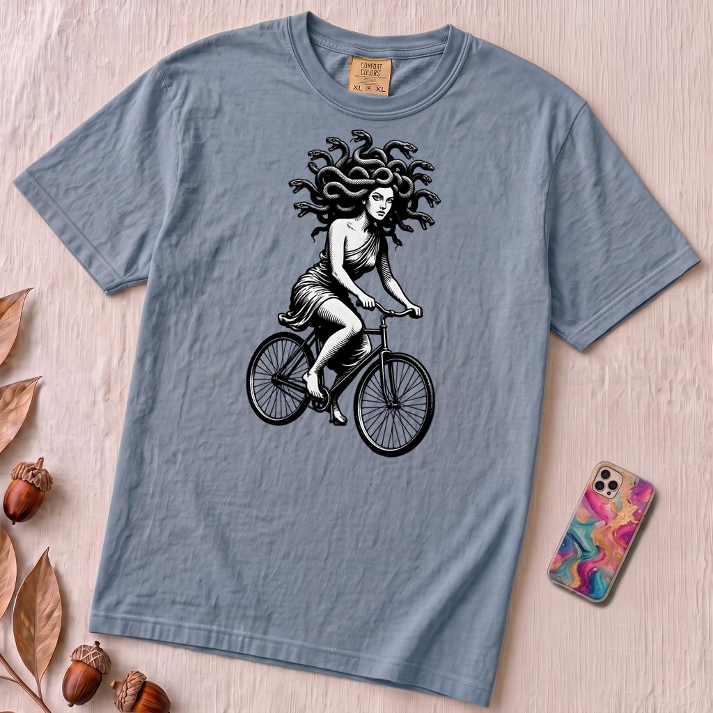 Medusa Gorgon on a Bicycle T-Shirt, Greek Mythology Tee - Washed Denim unfolded t-shirt mockup