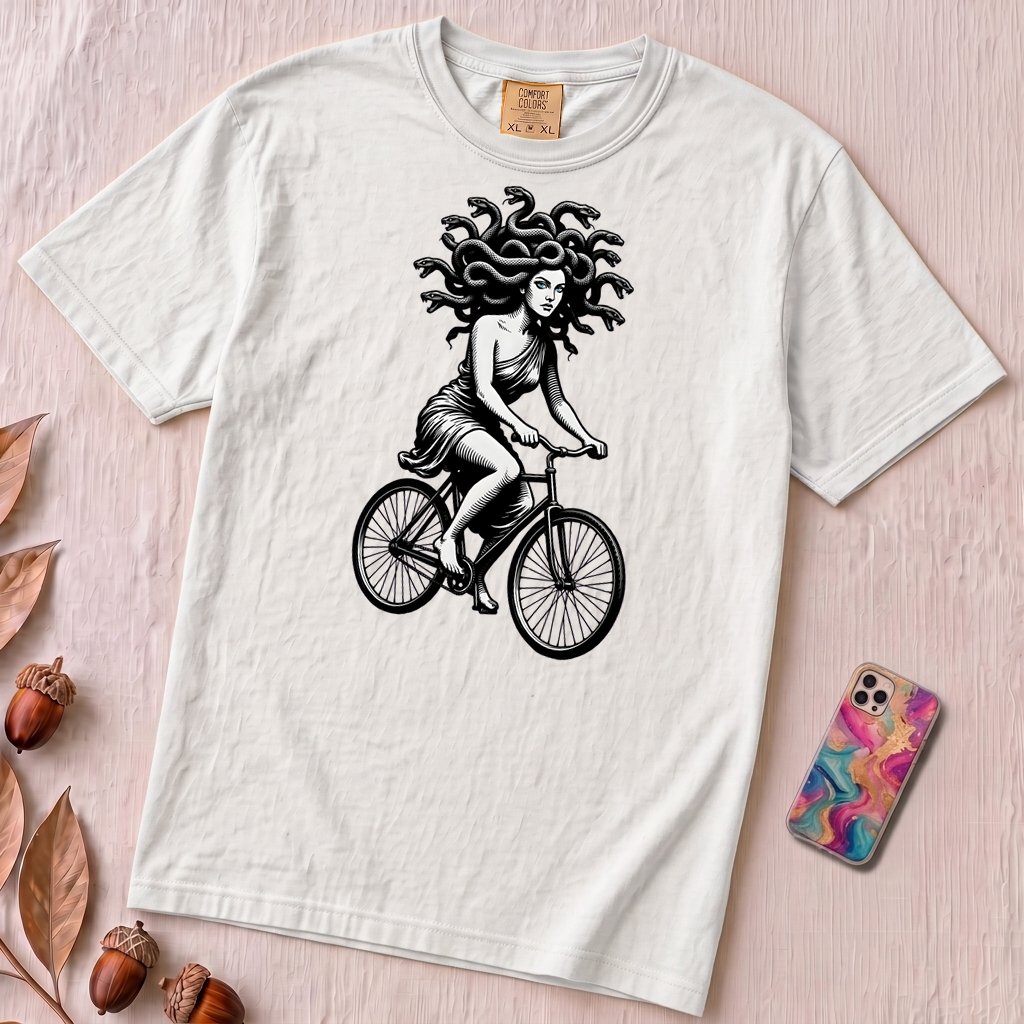 Medusa Gorgon on a Bicycle T-Shirt, Greek Mythology Tee - White unfolded t-shirt mockup