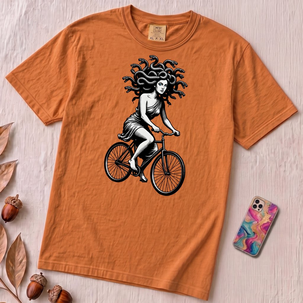 Medusa Gorgon on a Bicycle T-Shirt, Greek Mythology Tee - Yam unfolded t-shirt mockup