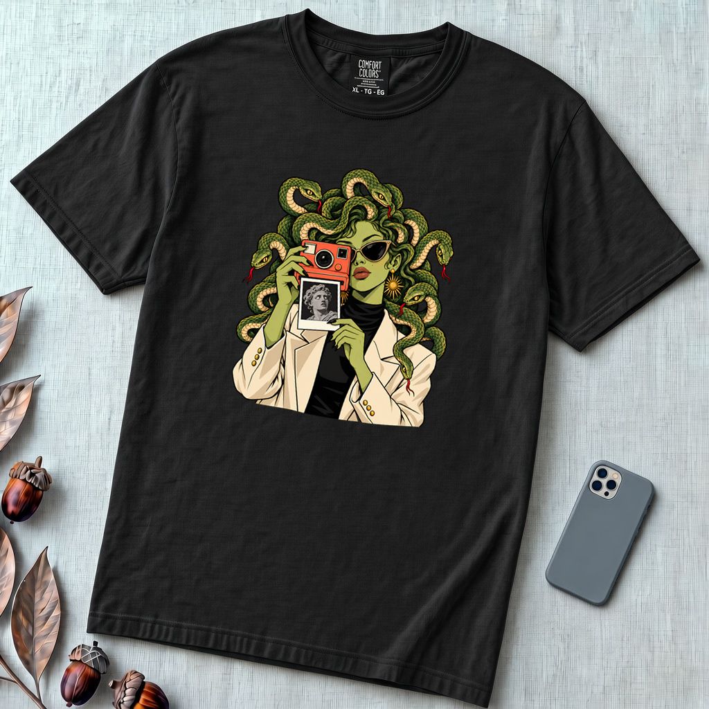 Medusa Instant Camera T-Shirt, Snake Hair Graphic - Black unfolded t-shirt mockup