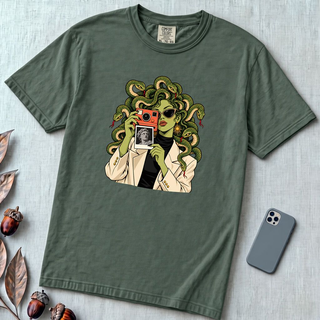 Medusa Instant Camera T-Shirt, Snake Hair Graphic - Blue Spruce unfolded t-shirt mockup