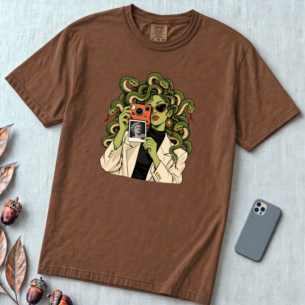 Medusa Instant Camera T-Shirt, Snake Hair Graphic - Espresso unfolded t-shirt mockup