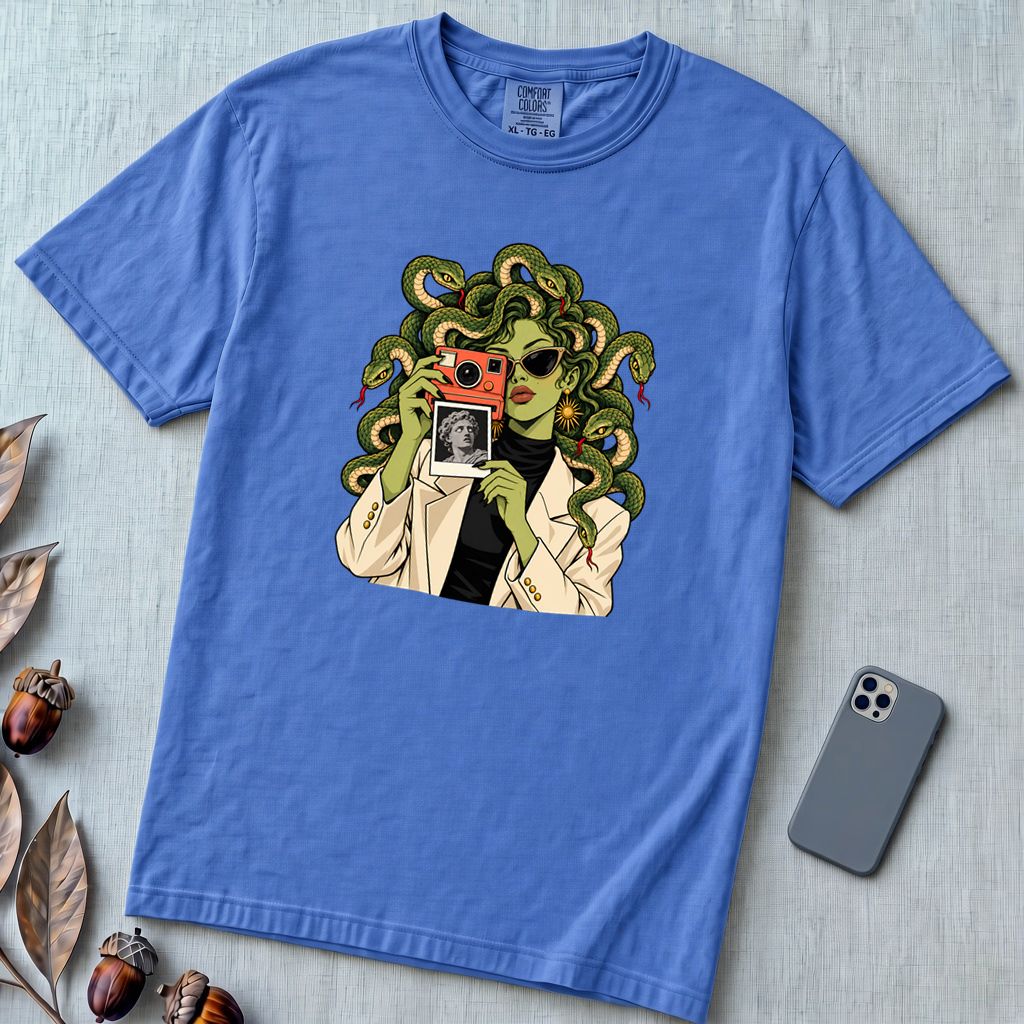 Medusa Instant Camera T-Shirt, Snake Hair Graphic - Flo Blue unfolded t-shirt mockup