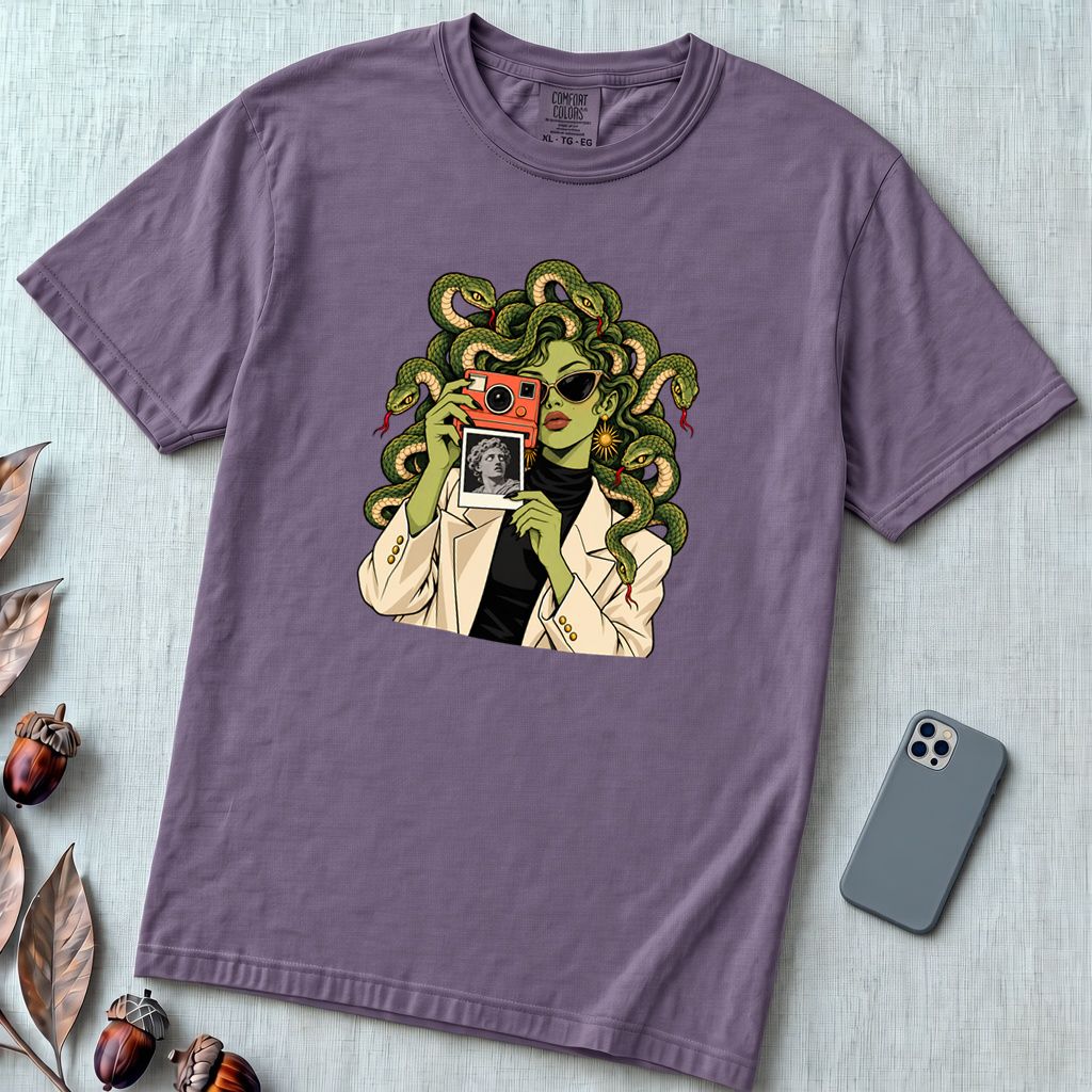 Medusa Instant Camera T-Shirt, Snake Hair Graphic - Grape unfolded t-shirt mockup