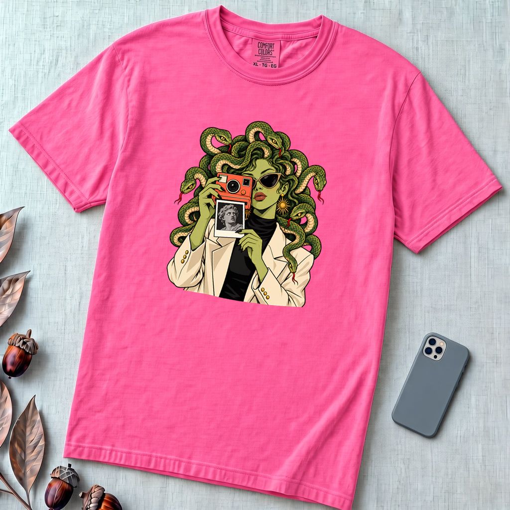 Medusa Instant Camera T-Shirt, Snake Hair Graphic - Neon Pink unfolded t-shirt mockup