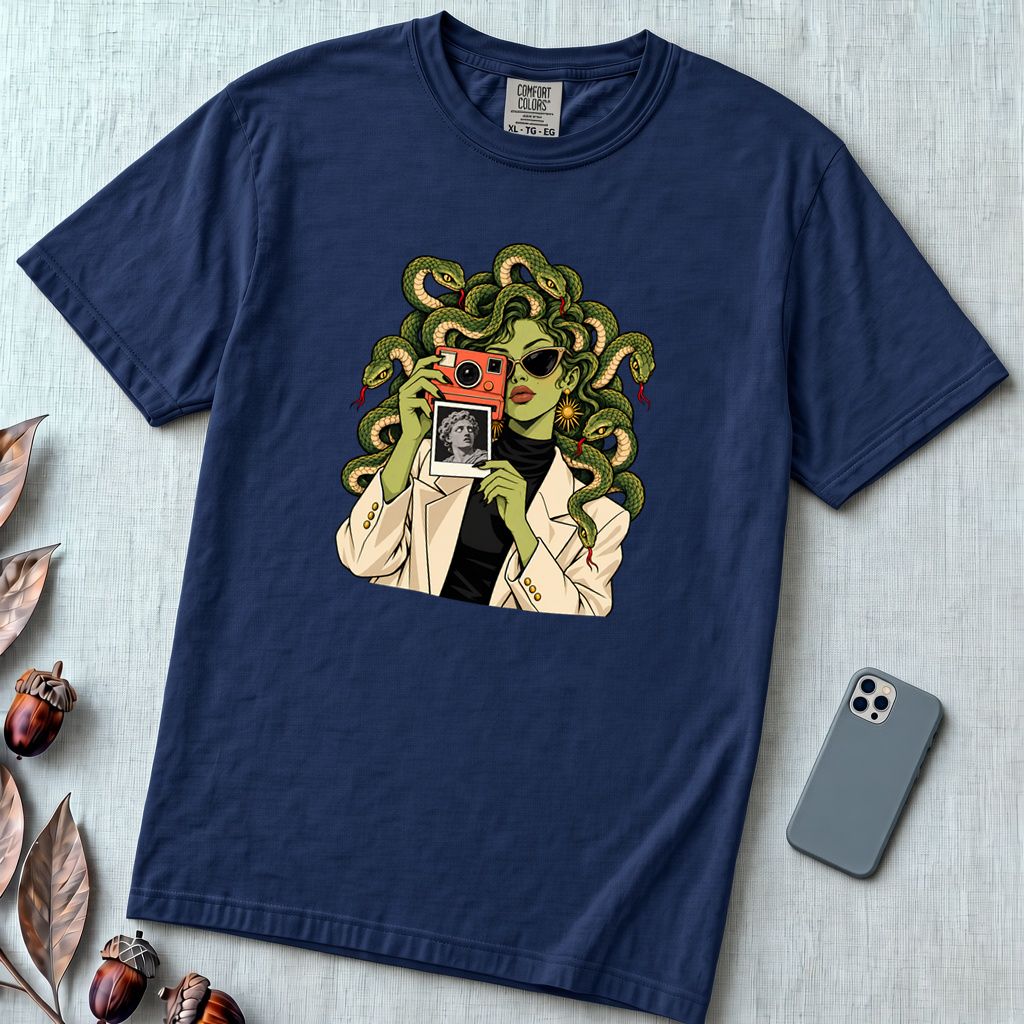 Medusa Instant Camera T-Shirt, Snake Hair Graphic - True Navy unfolded t-shirt mockup