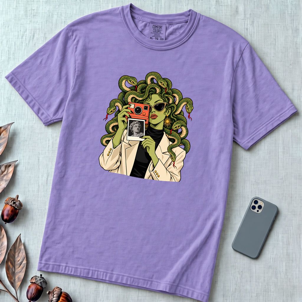 Medusa Instant Camera T-Shirt, Snake Hair Graphic - Violet unfolded t-shirt mockup