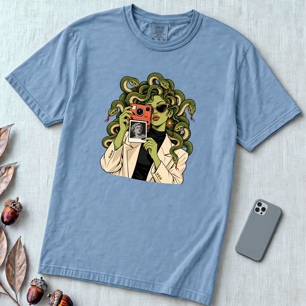 Medusa Instant Camera T-Shirt, Snake Hair Graphic - Washed Denim unfolded t-shirt mockup
