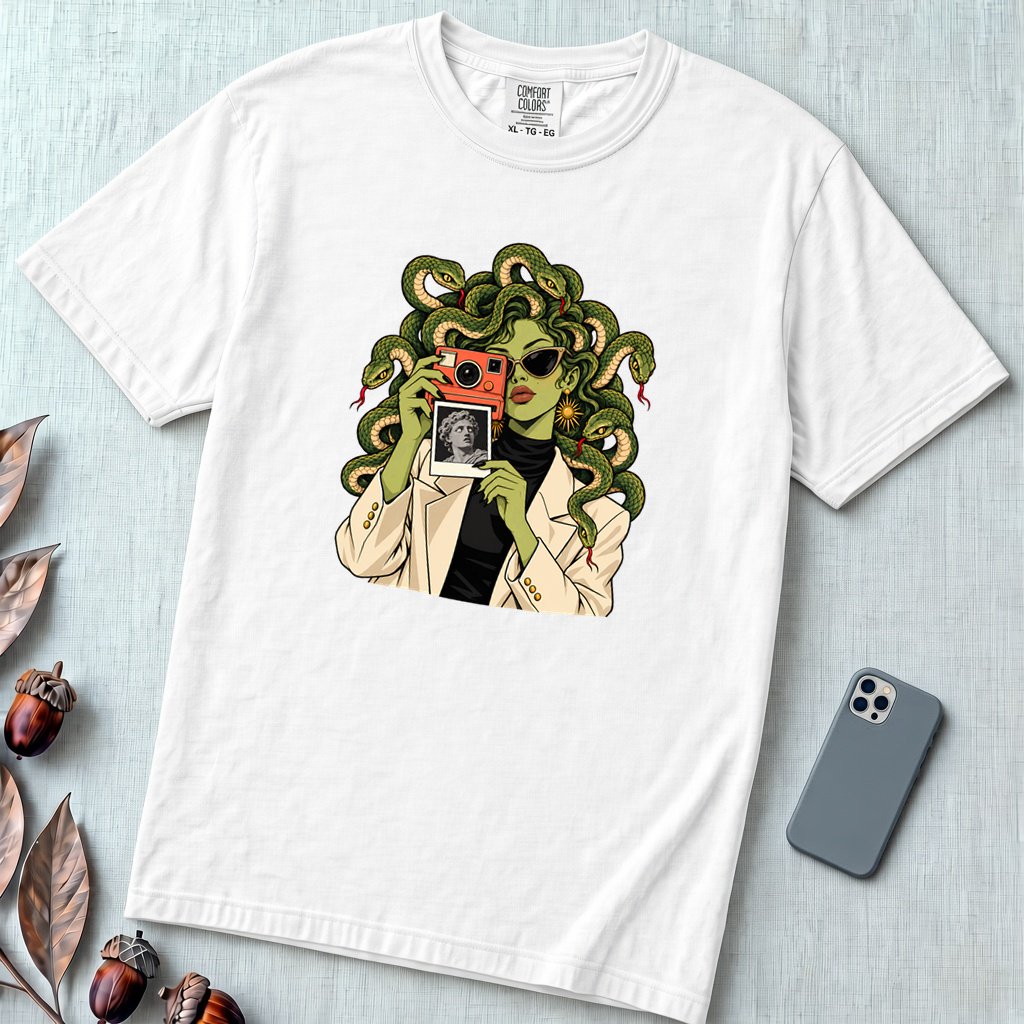 Medusa Instant Camera T-Shirt, Snake Hair Graphic - White unfolded t-shirt mockup