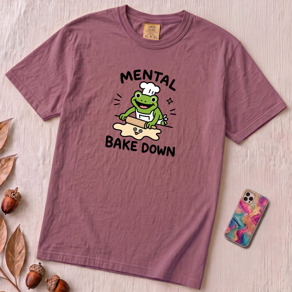 Mental Bake Down Frog T-Shirt - Berry unfolded t-shirt mockup