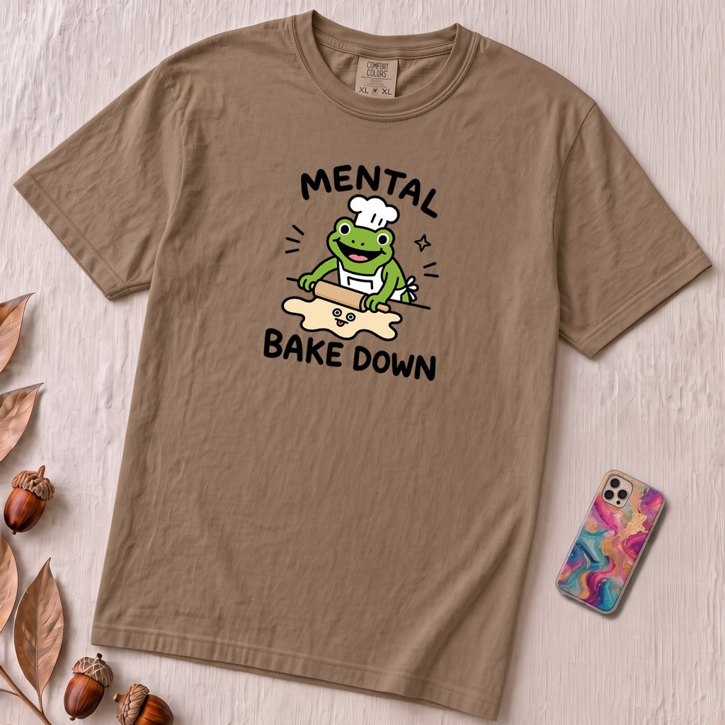 Mental Bake Down Frog T-Shirt - Espresso unfolded t-shirt mockup