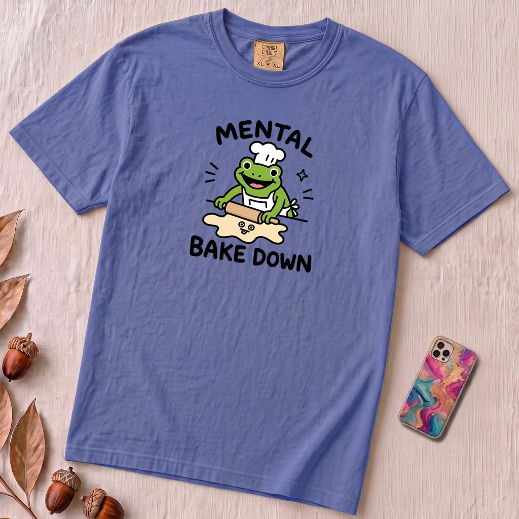 Mental Bake Down Frog T-Shirt - Flo Blue unfolded t-shirt mockup