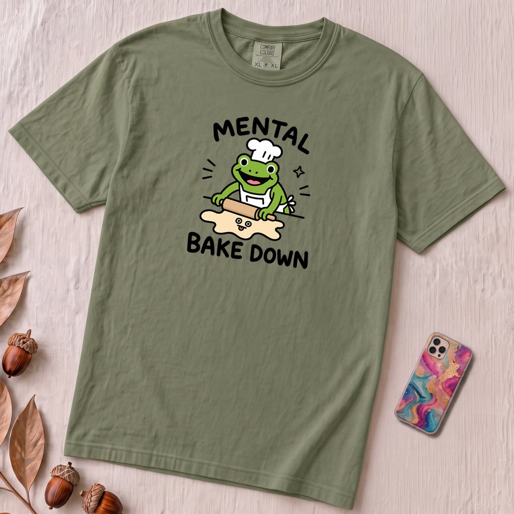Mental Bake Down Frog T-Shirt - Moss unfolded t-shirt mockup