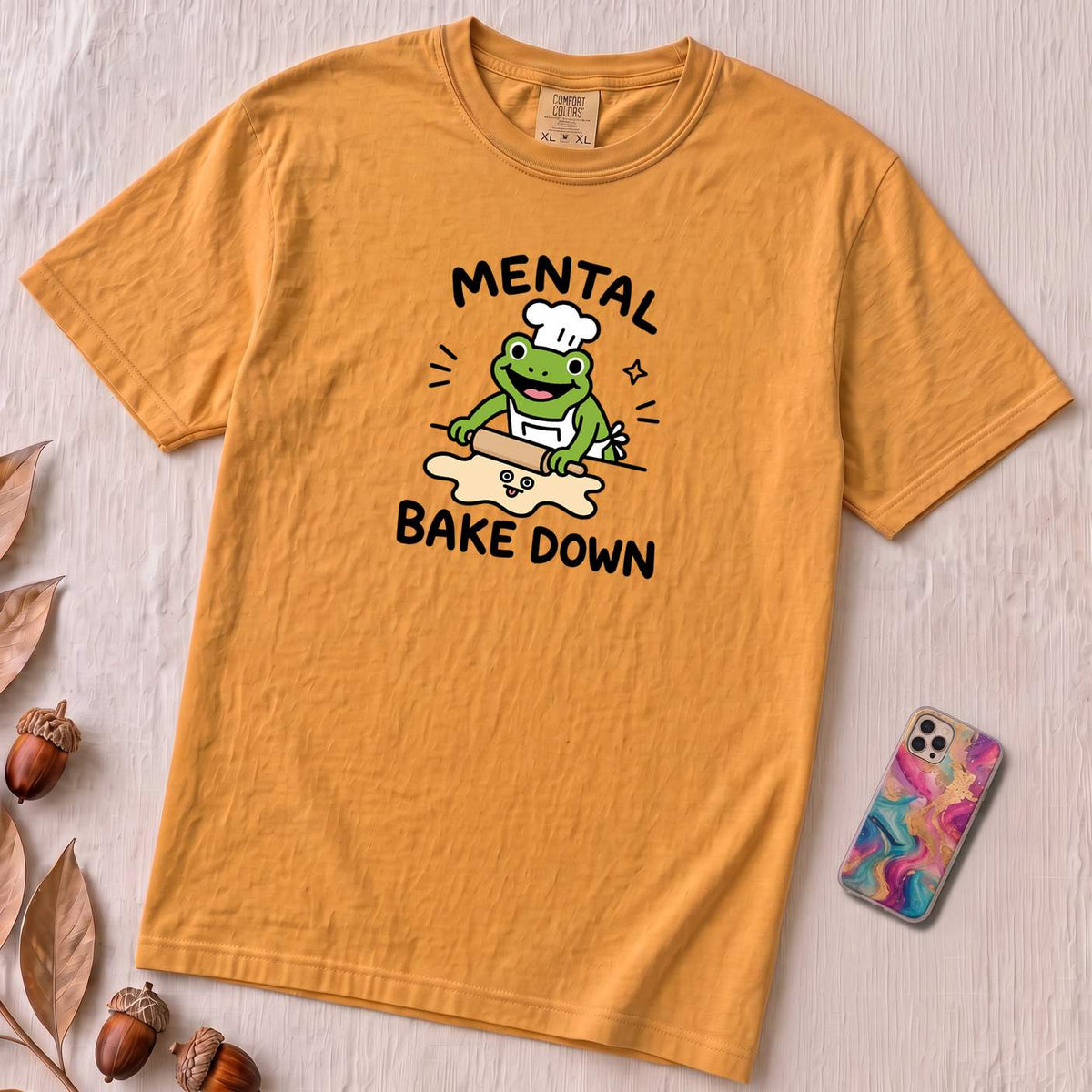 Mental Bake Down Frog T-Shirt - Mustard unfolded t-shirt mockup