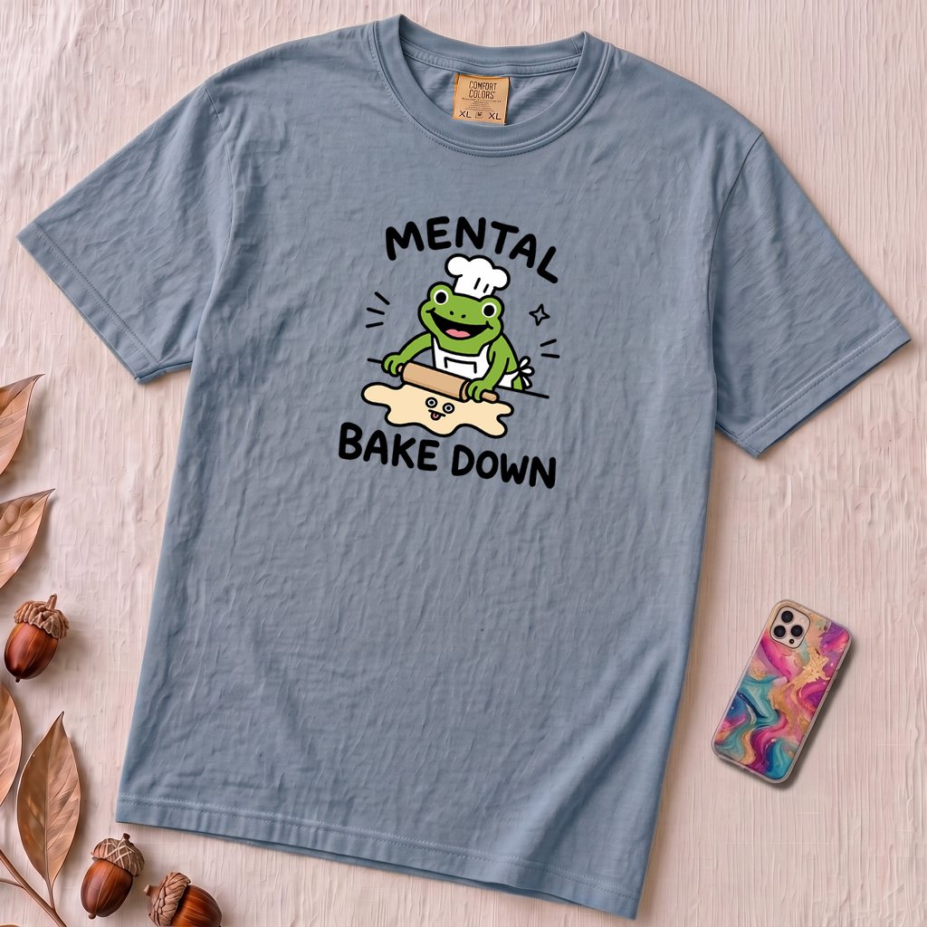 Mental Bake Down Frog T-Shirt - Washed Denim unfolded t-shirt mockup