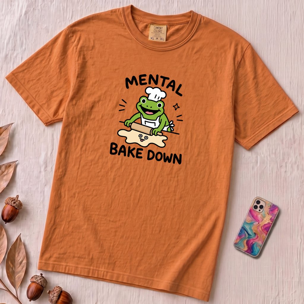Mental Bake Down Frog T-Shirt - Yam unfolded t-shirt mockup