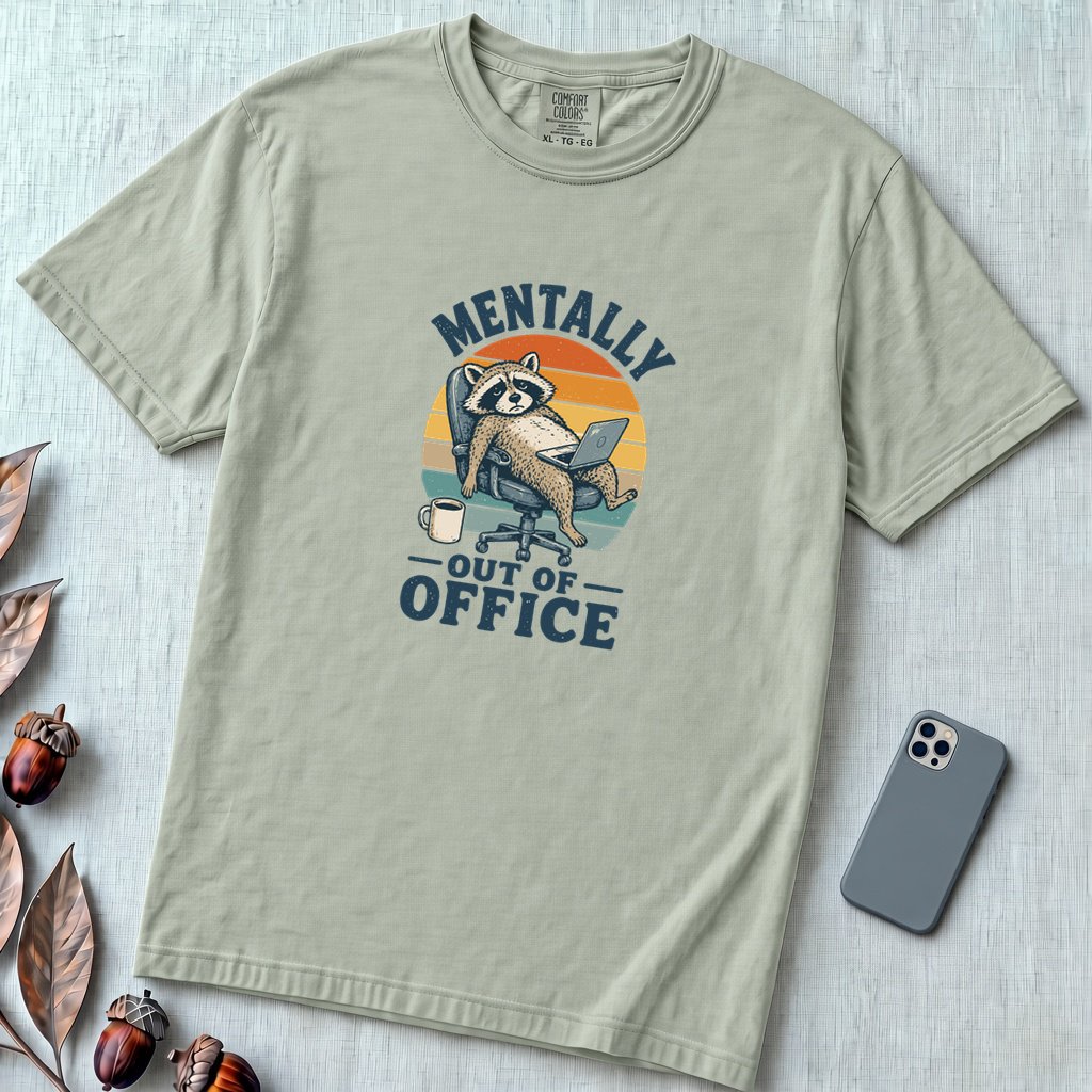 Mentally Out of Office Raccoon T-Shirt - Bay unfolded t-shirt mockup