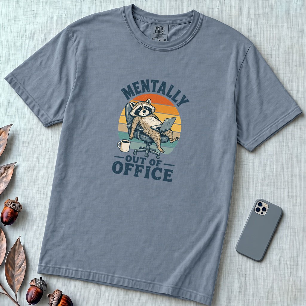 Mentally Out of Office Raccoon T-Shirt - Blue Jean unfolded t-shirt mockup