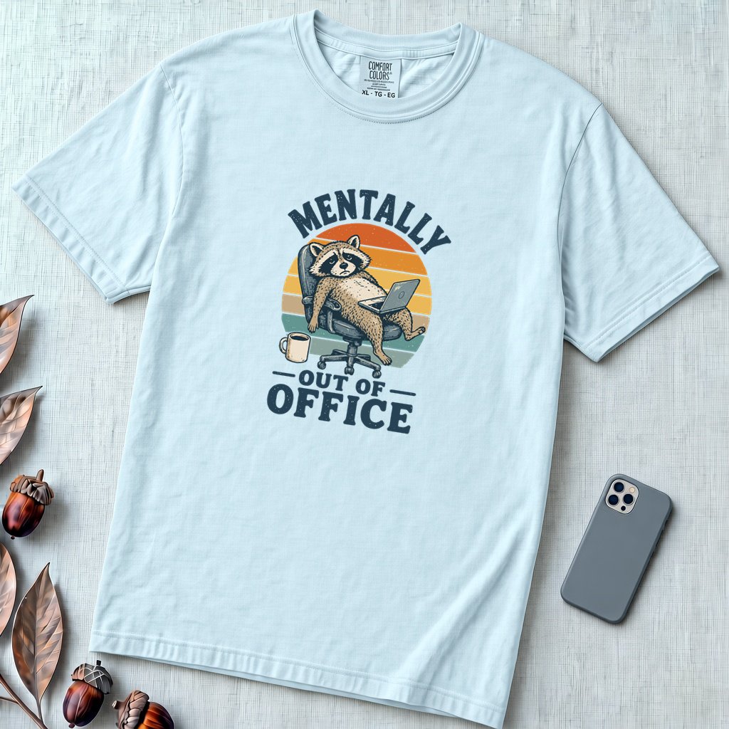 Mentally Out of Office Raccoon T-Shirt - Chambray unfolded t-shirt mockup