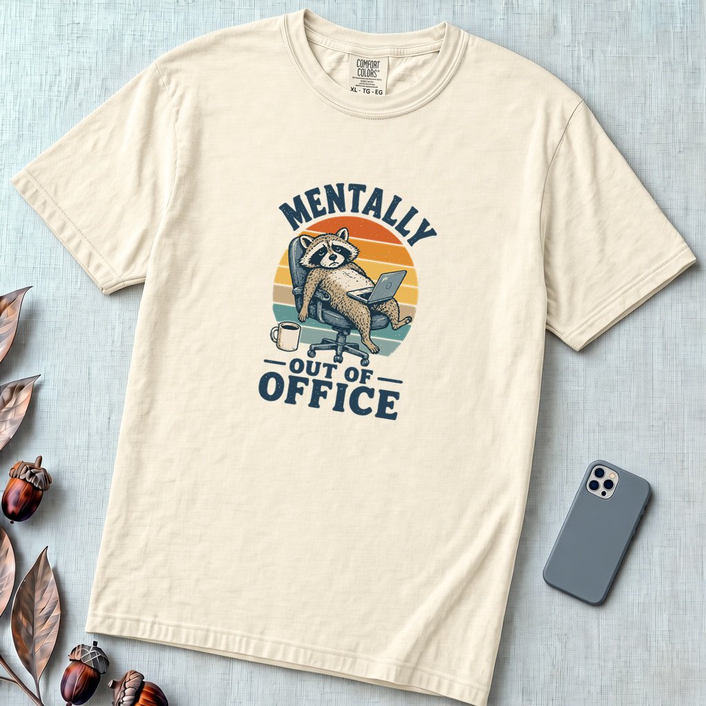 Mentally Out of Office Raccoon T-Shirt - Ivory unfolded t-shirt mockup