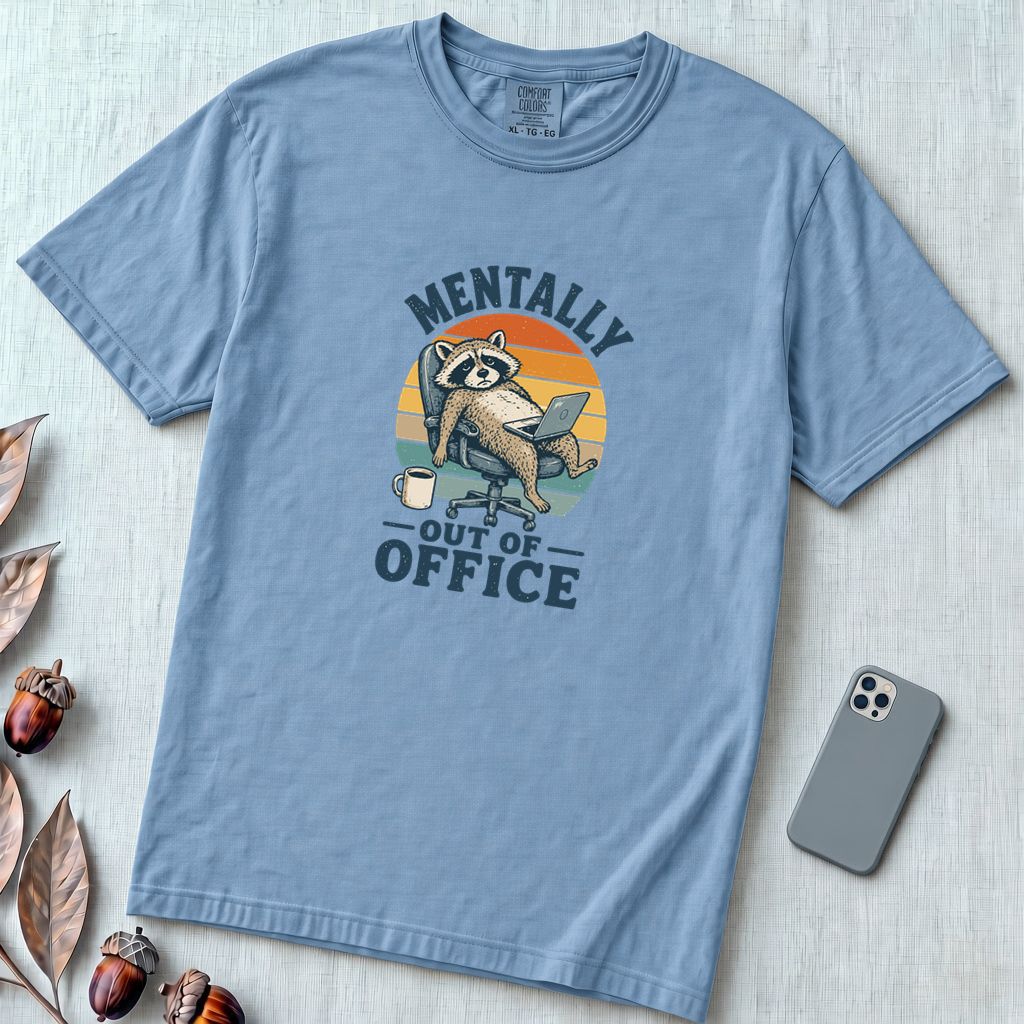 Mentally Out of Office Raccoon T-Shirt - Washed Denim unfolded t-shirt mockup