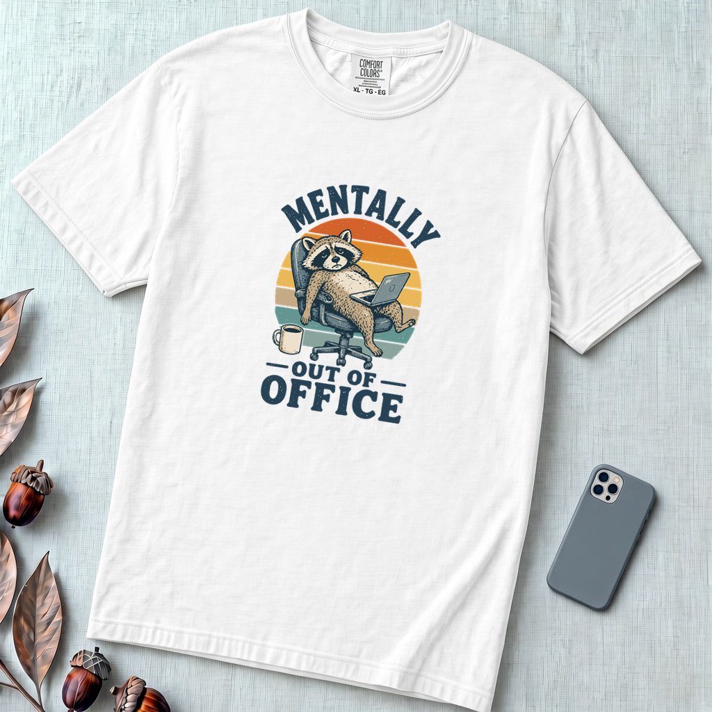 Mentally Out of Office Raccoon T-Shirt - White unfolded t-shirt mockup