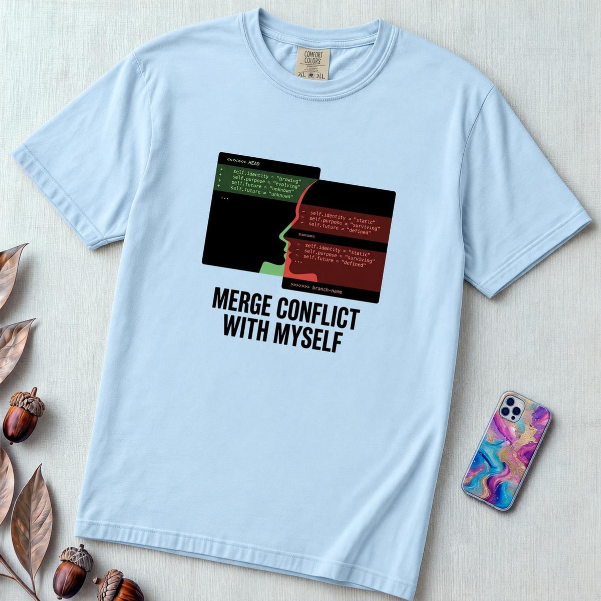 Merge Conflict With Myself T-Shirt, Funny Programmer Tee, Developer Humor - Chambray unfolded t-shirt mockup
