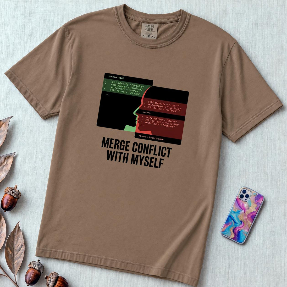 Merge Conflict With Myself T-Shirt, Funny Programmer Tee, Developer Humor - Espresso unfolded t-shirt mockup