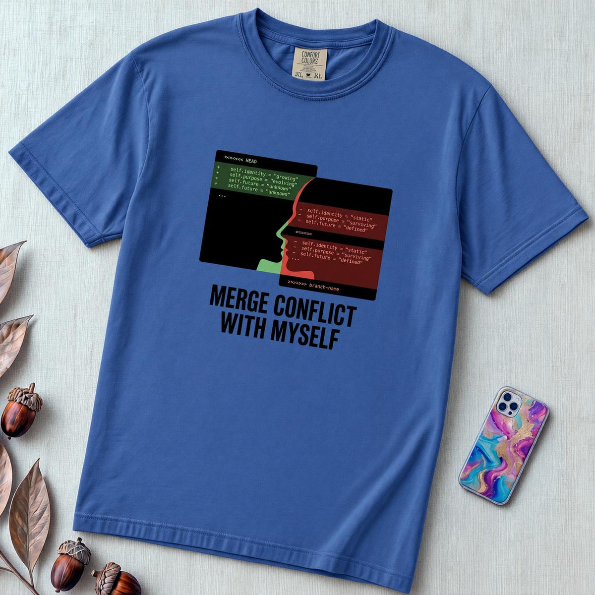 Merge Conflict With Myself T-Shirt, Funny Programmer Tee, Developer Humor - Flo Blue unfolded t-shirt mockup