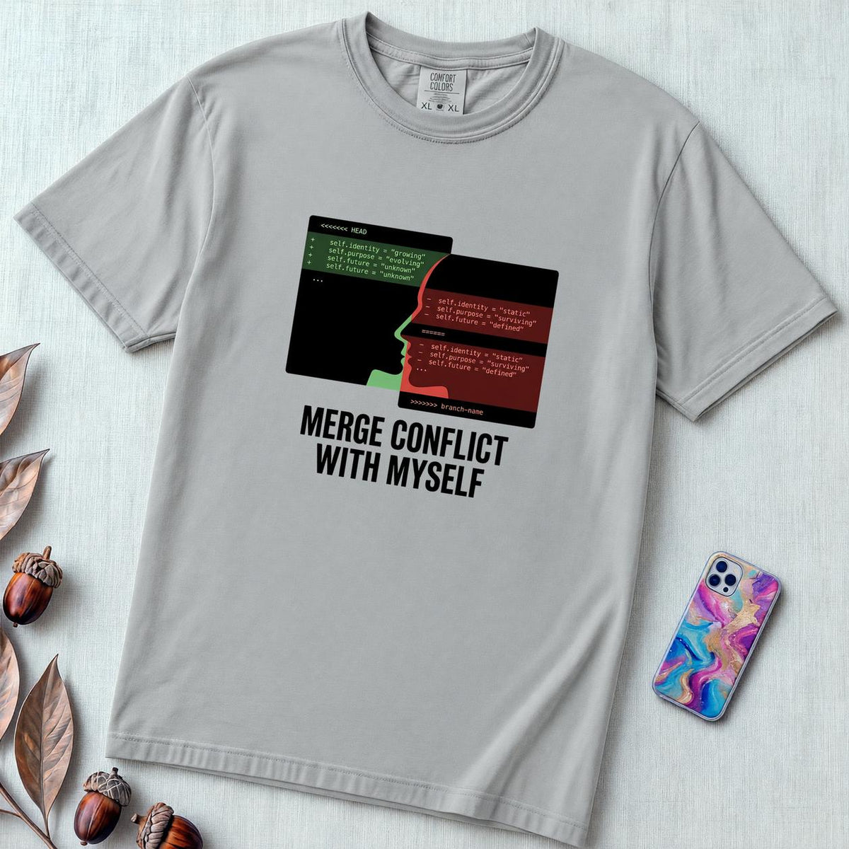 Merge Conflict With Myself T-Shirt, Funny Programmer Tee, Developer Humor - Granite unfolded t-shirt mockup