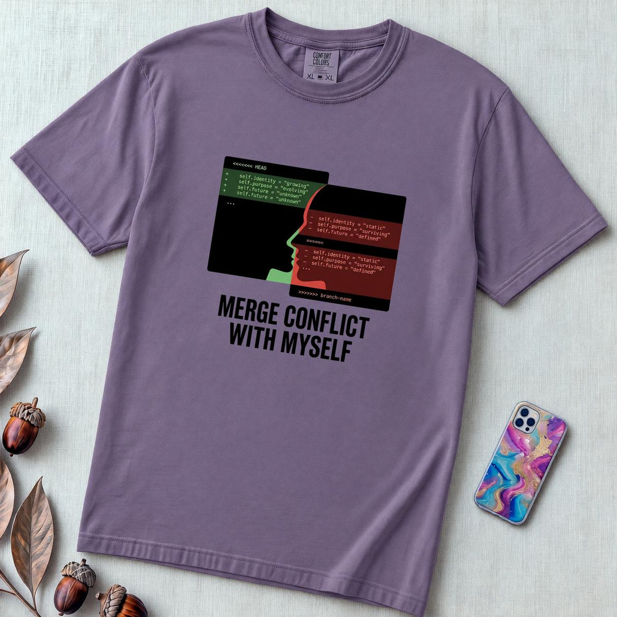 Merge Conflict With Myself T-Shirt, Funny Programmer Tee, Developer Humor - Grape unfolded t-shirt mockup