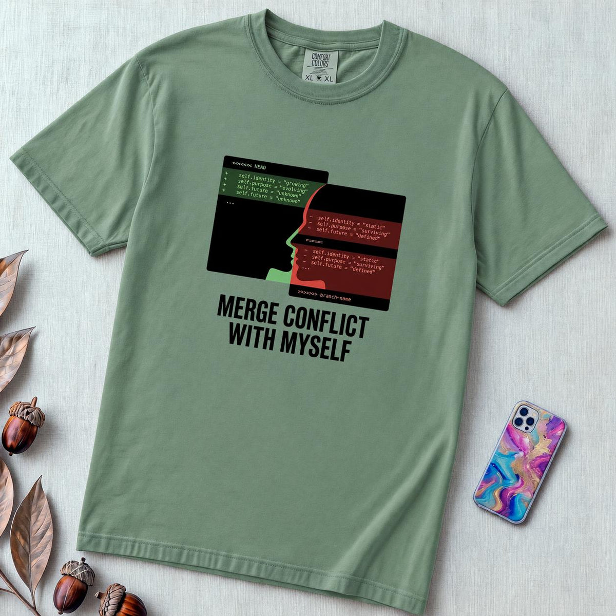 Merge Conflict With Myself T-Shirt, Funny Programmer Tee, Developer Humor - Light Green unfolded t-shirt mockup
