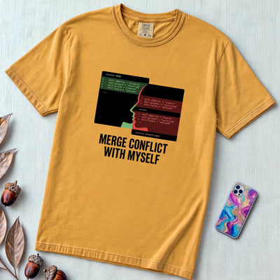 Merge Conflict With Myself T-Shirt, Funny Programmer Tee, Developer Humor - Mustard unfolded t-shirt mockup