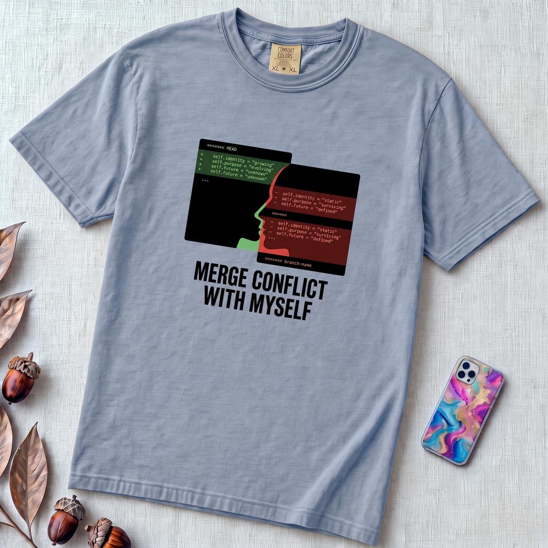 Merge Conflict With Myself T-Shirt, Funny Programmer Tee, Developer Humor - Washed Denim unfolded t-shirt mockup
