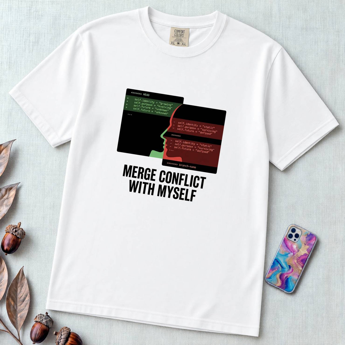 Merge Conflict With Myself T-Shirt, Funny Programmer Tee, Developer Humor - White unfolded t-shirt mockup