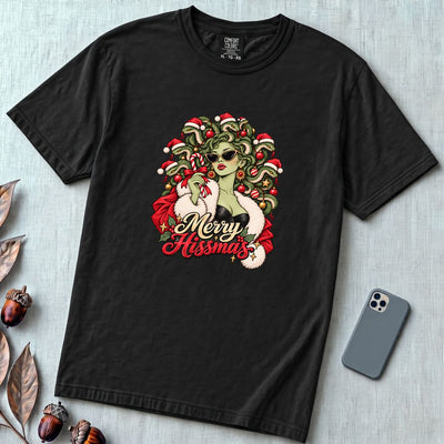 Merry Hissmas Medusa Christmas T-Shirt - Black unfolded t-shirt mockup