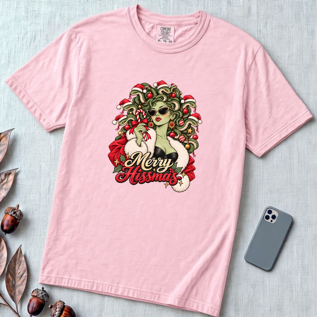Merry Hissmas Medusa Christmas T-Shirt - Blossom unfolded t-shirt mockup