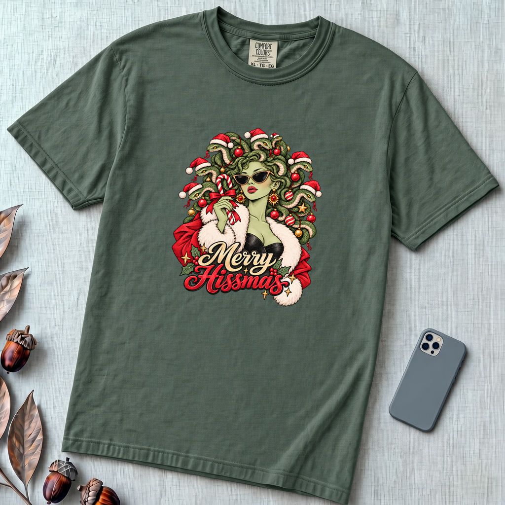 Merry Hissmas Medusa Christmas T-Shirt - Blue Spruce unfolded t-shirt mockup