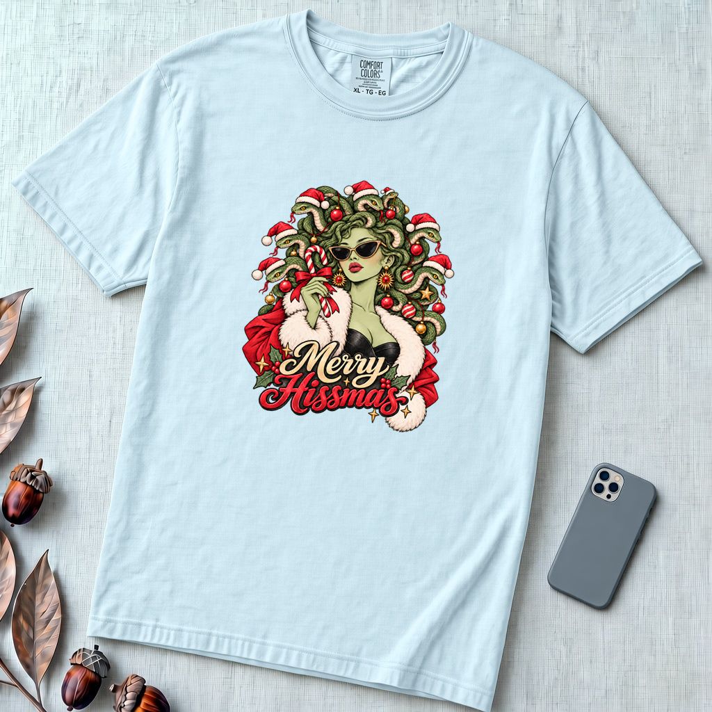 Merry Hissmas Medusa Christmas T-Shirt - Chambray unfolded t-shirt mockup
