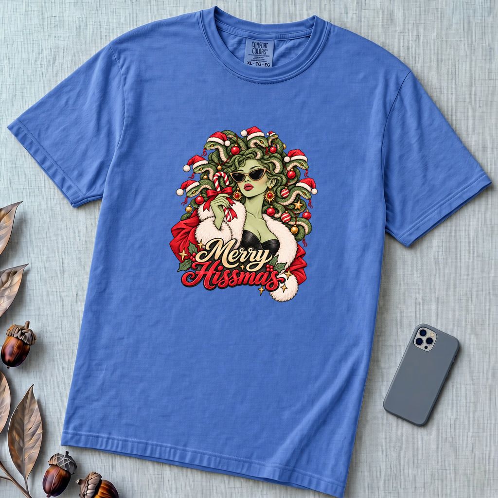 Merry Hissmas Medusa Christmas T-Shirt - Flo Blue unfolded t-shirt mockup