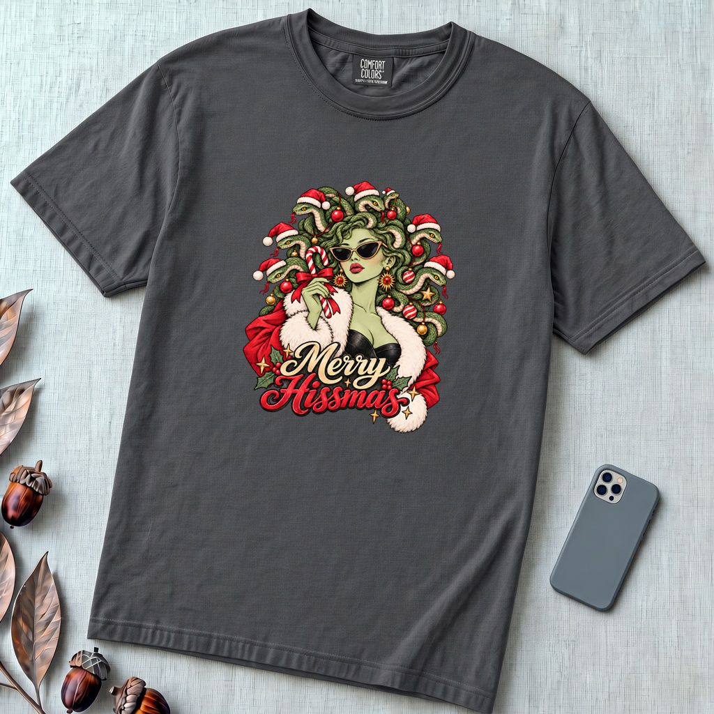 Merry Hissmas Medusa Christmas T-Shirt - Graphite unfolded t-shirt mockup