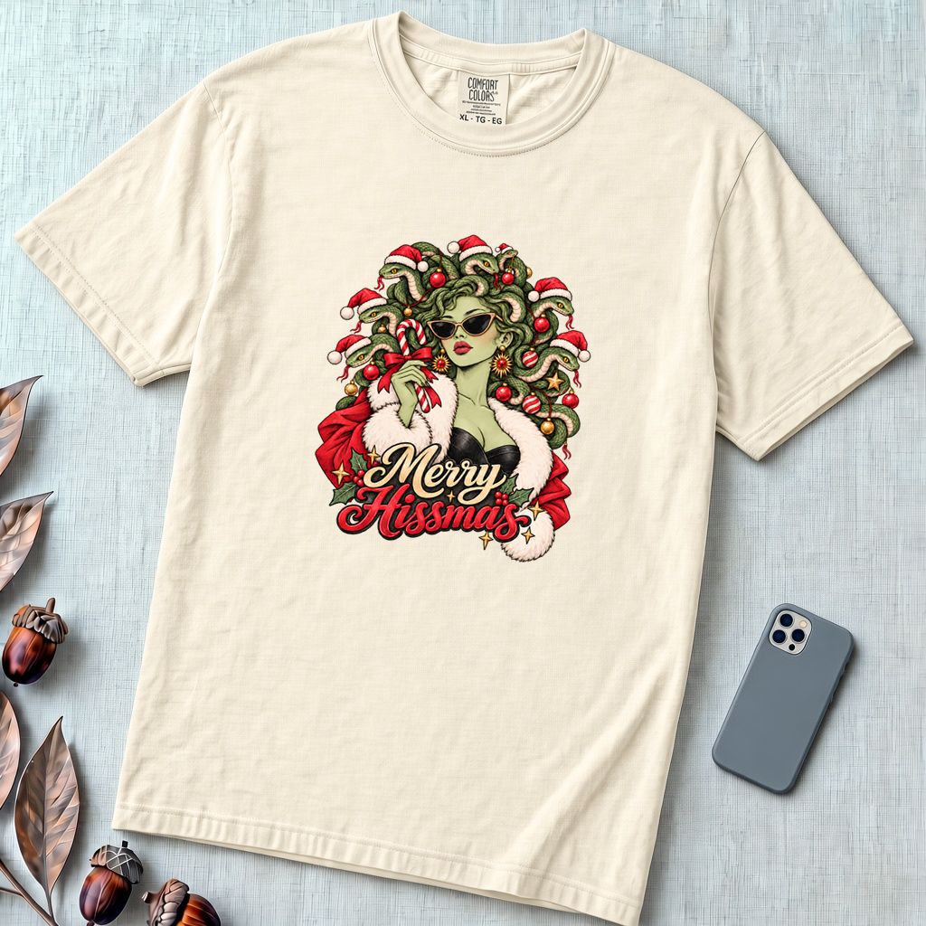 Merry Hissmas Medusa Christmas T-Shirt - Ivory unfolded t-shirt mockup