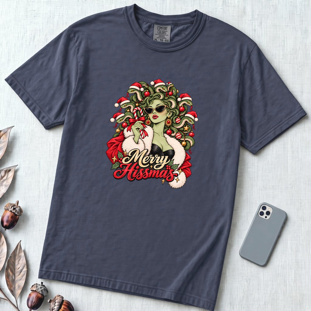 Merry Hissmas Medusa Christmas T-Shirt - Navy unfolded t-shirt mockup