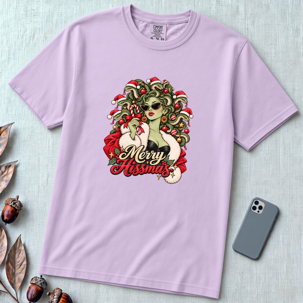 Merry Hissmas Medusa Christmas T-Shirt - Orchid unfolded t-shirt mockup